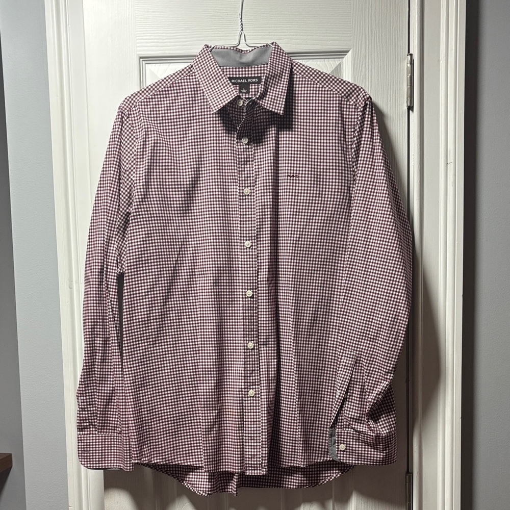 Michael Kors Men’s Red and White Micro-Check Dress Shirt